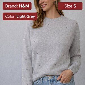 H&M Women's S Knit Sweater Grey Embellished Long Sleeve Pullover‎